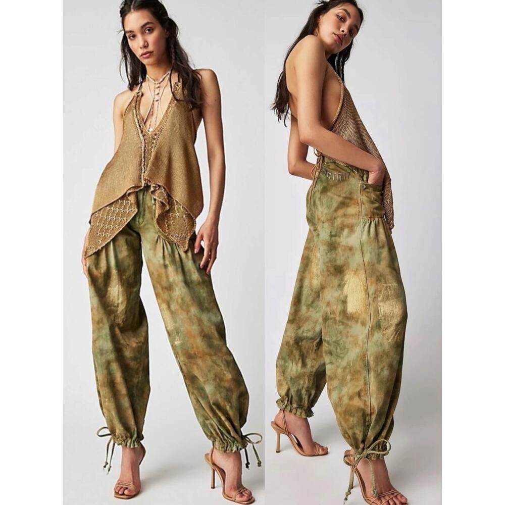 Free People Retro 70s Bohemian Wide Leg Lotus Tie-Dye Jeans Army Neutral Size 32